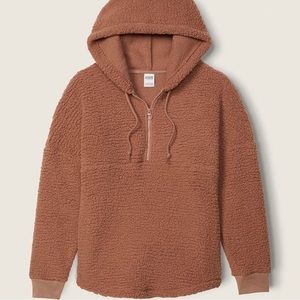 •NWT Victoria’s Secret PINK Varsity Sherpa Half Zip Hoodie Pullover - Brown